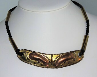 Handcrafted BRUTALIST MODERNIST EXART Mexico Mixed Metals Brass Copper Necklace