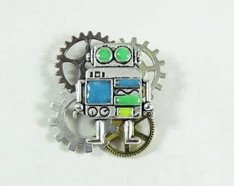 Steampunk Robot and Gears Brooch, Silver With Glow in the Dark Features Mens Womens Gift