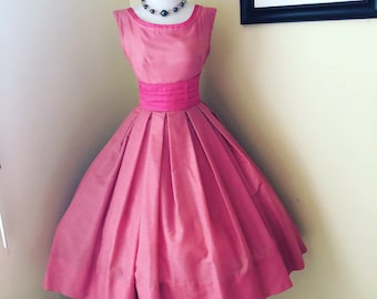 Vintage 1950’s Bubblegum Pink Party Dress Very Fuly Skirt 2 Belts Included Size S-M