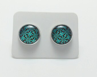 Teal flower stainless steel stud earrings - 10mm flower mosaic post earrings