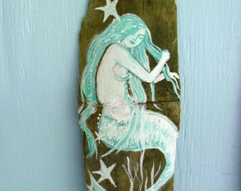 Aqua Mermaid Painting on Recycled Drift Wood-Wall Decor- mermaid art- Fantasy mermaid- coastal decor