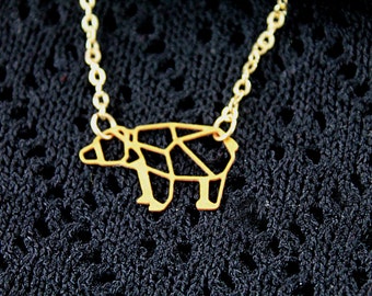 Golden bear necklace filigree geometric woodland foret animal