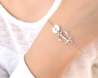 Personalized Adjustable Anchor Bracelet /Hand Stamped Initial /Nautical Jewelry /For Beach Wedding, Bridesmaid, Birthday &All