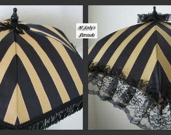 VICTORIAN PARASOL Umbrella in Black/Gold Stripe with Black Fringe or Lace Ruffle Bridal Steampunk Second Line Wedding Civil War Edwardian