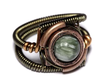 Seraphinite Ring, Green stone ring, Natural stone ring, Chatoyant jewelry, Steampunk Jewelry seen on TV, Warehouse 13