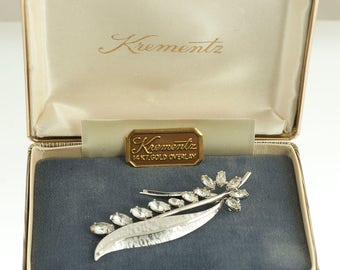 Krementz Leaf and Rhinestone Brooch in Box