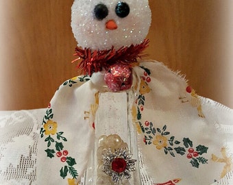 Vintage Salt Shaker Snowman "Orville", Glass Shaker, Glitter Snowman Decoration, Snowman Assemblage, Christmas Collectible, Original