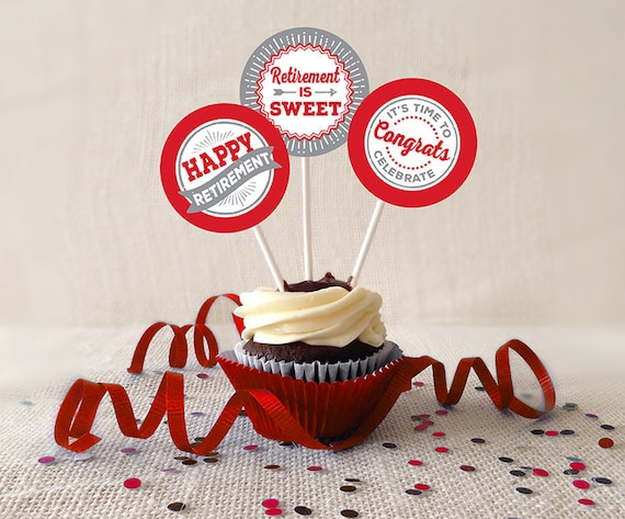 Retirement Cupcake Toppers PRINTABLE Red and Gray 2 or 2.25