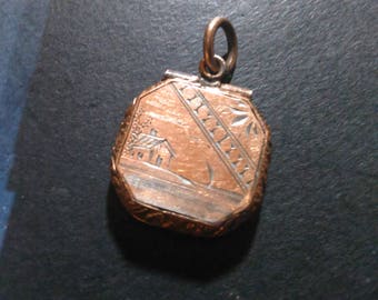 Antique Etched Locket Fob Rare octagonal shape with ornate edges 18mm