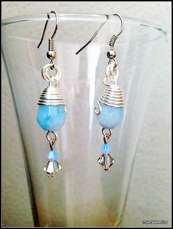 Blue drop earrings, Statement Earrings, Azure Dangle Earrings, Small Womens Earrings, Light Blue Earrings, Womens Ball Earrings