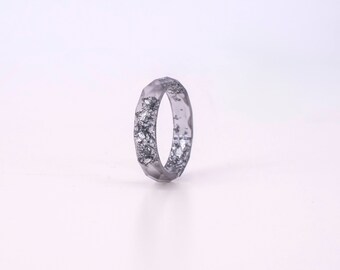 Graphite Resin Ring With Silver Flakes - Thin Faceted Band Ring - Resin Stacking Ring - Minimal Resin Jewelry