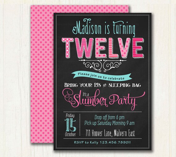 pyjama party birthday invitation sleepover chalkboard polka teenage sleepover invitations