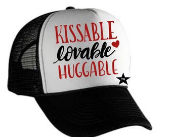 Kissable Loveable Huggable | youth trucker hat| valentines | gift | girl hat | love | toddler trucker hat | black and white Hat