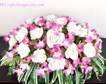 Cemetery Flowers, Grave Saddle, Headstone Topper, Funeral Flowers, Mailbox Saddle, Roses and Pinks