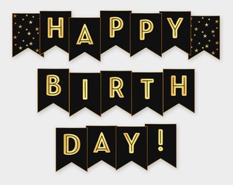 Black & Gold Printable Happy Birthday Banner - Birthday Party Decoration - Digital File, DIY Print - Instant Download - #GWR
