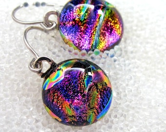 Dichroic Fused Glass Earrings Sparkling Magenta Ripple, Dangle, Wire, Drop