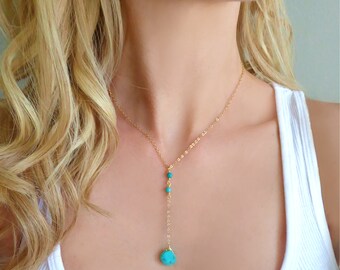 Turquoise Lariat Necklace, Beaded Turquoise Necklace, Genuine Turquoise Y Necklace, Sleeping Beauty Turquoise Jewelry, Dainty Jewelry Gift