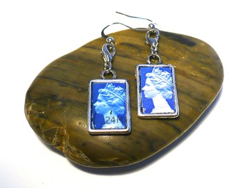 England & India Reversible Earrings Upcycled Postage Stamp Jewelry, Red Blue