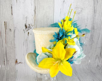 Teal and Yellow Lily Flower Garden Large Mini Top Hat Fascinator, Alice in Wonderland, Mad Hatter Tea Party, Derby Hat