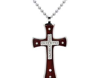 Wood Cross Necklace, Personalized Cross Necklace, Stainless Steel Cross Pendant, Cross Pendant with Bead Chain Necklace SHJSSN236