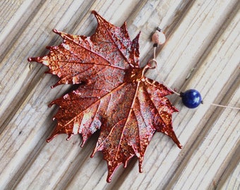 Real leaf necklace - Maple leaf in iridescent Copper with Lapis Lazuli coloured beads.