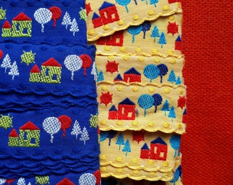 Vintage Cotton Trim Ribbon Houses Trees