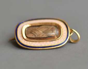 Antique Georgian Victorian opalescent & blue enamel mourning brooch charm 10k gold