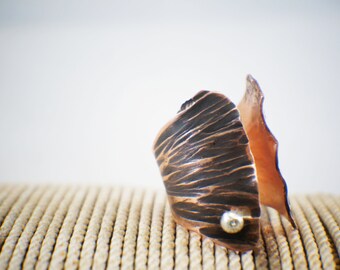 gingkko leaf ring, hand forged ring, clam ring, copper silver