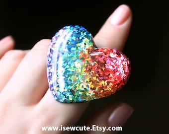 Rainbow Ring, ROYGBIV Rainbow Gradient Ring, all the colors of the rainbow, huge adjustable size heart ring handcrafted resin by isewcute