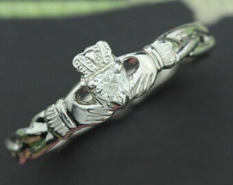 Diamond ring, diamond claddagh ring, engagement ring, wedding ring. Heart ring. Irish claddagh.