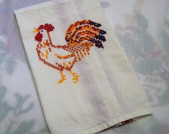 embroidery towels, Towel with Embroidery, Rooster Towel, Embroidered Dish towel, Hand Embroidery, Kitchen Towel, Retro Embroidery