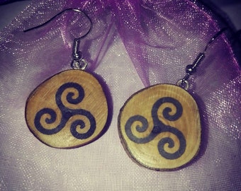 Triple Spiral Viking Pagan Necklace / Earrings Wooden Charm Brown Eco Friendly Handmade Personalised Charms Wood Hand made Jewellery #Etsy