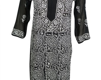 Women's Beautiful Floral Hand Embroidered Sheer Long Tunic Dress Long Sleeves Georgette Bikini Cover Up Beach Wear Ethnic Indian Kurti M