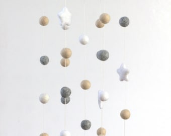 Neutral Star & Felt Ball Nursery Mobile SMALL SIZE- Almond, Gray, White- Nursery Childrens Room Pom Pom Mobile Garland Decor