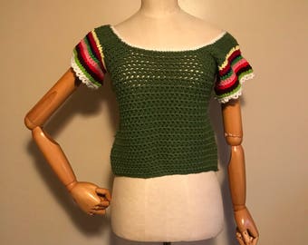 Vintage Womans, 70s crop top, Hand Made crop top, Crocheted Top, womans vintage, Size Small