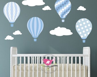 Hot Air Balloon Decal. Baby blue and grey nursery wall stickers. White clouds. Boys Bedroom Decor. Toddler Gift. Polka dot, Stripes, checks