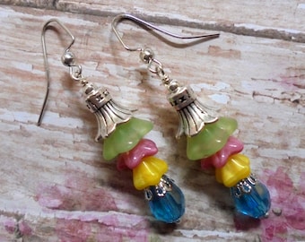 Green, Pink, Yellow and Aqua Flower Earrings (3477)