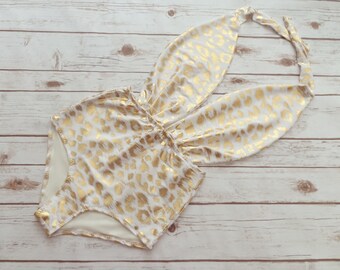 Swimsuit High Waisted One Piece Cute Swimming Costume - White Gold Leopard Animal Print Bathing Suit Swimwear - Honeymoon Spring Break