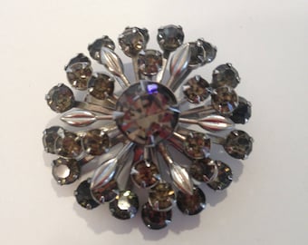 Vintage 1960's Silver Grey Rhinestone Brooch, Prong Set Stones and Silvertone Leaves, Layered Rhinestone Design with Riveted Construction