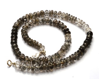 159 . Carets 16 Inches Full Strand -- Rare Black Rutilated Tourmalinated Smooth Rondelles Beade Necklace Size 6 TO 7 mm
