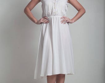 70s vintage white cotton tank dress lace elastic waist spaghetti straps MEDIUM M