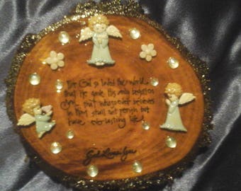 Christian Cherished Angels "God Loves You" John 3:16 Mesquite Wood Wall Plaque for Home, Baptism, Dedication, Easter