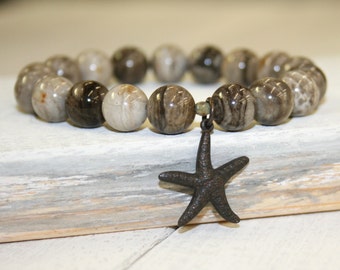 Starfish Bracelet, Gray Stretch Bracelet, Silver leaf jasper, 10mm, Gray stone bracelet, Gray stacking bracelet, Rustic Gemstone Bracelet