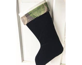 Black Velvet Christmas Stocking Green Geometric Cuff and Cream Satin Lining - Heirloom Holiday Decor