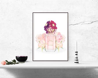 Poster Print Art, Daisy Perfume Bottle, Decor Girly Home WallArt A4 A3 A6 A5 Fashion, Salon, Beauty, Pink, For Her - 1050