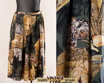 80s 90s vintage Tropical Jungle Animal print skirt / High waist mid length skirt / Extra Large Plus size