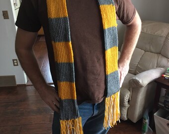 Hand Knit Fantastic Beasts Newt Scamander Hufflepuff Gold and Grey Scarf