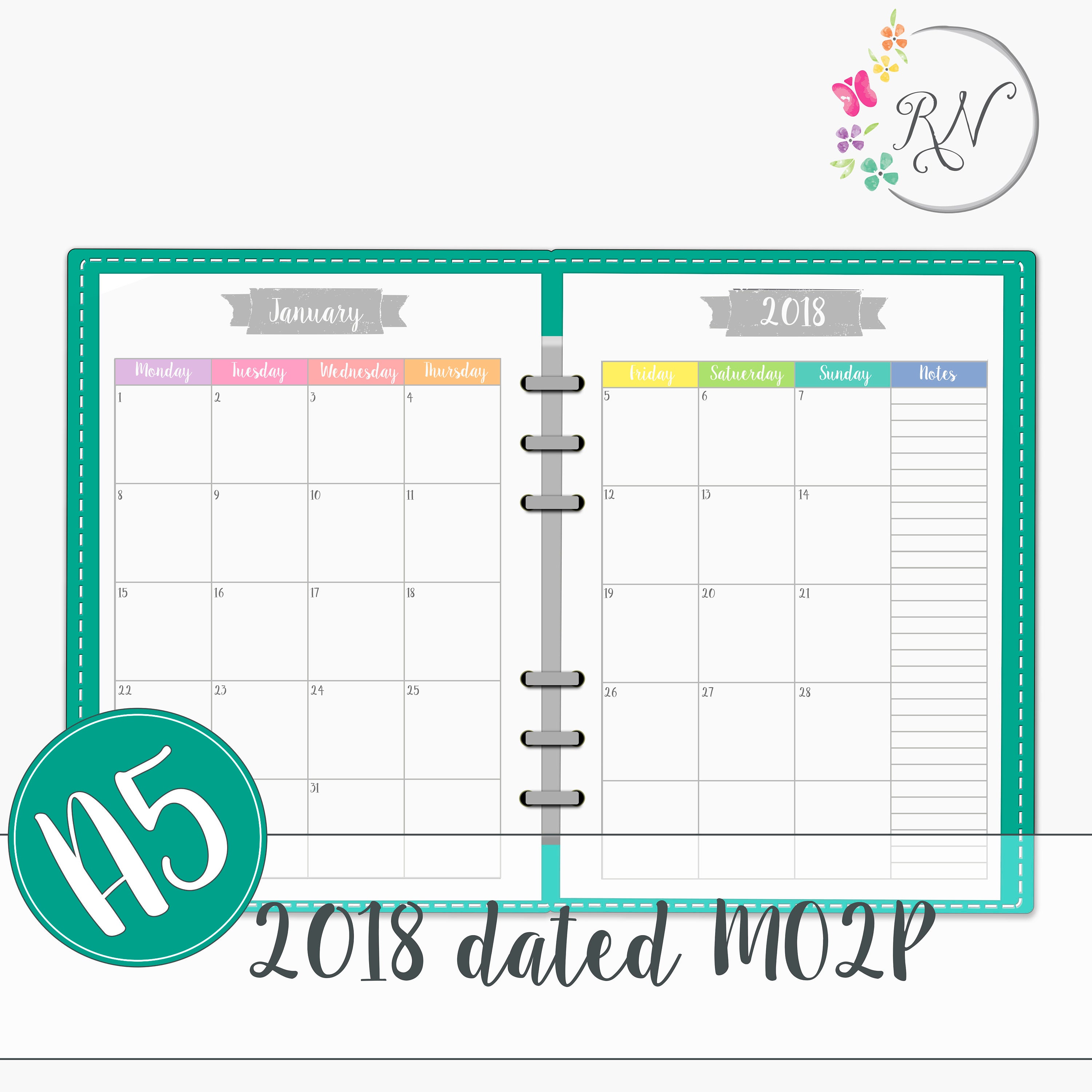 A5 2018 Month on 2 Pages Planner Printable pastel planner