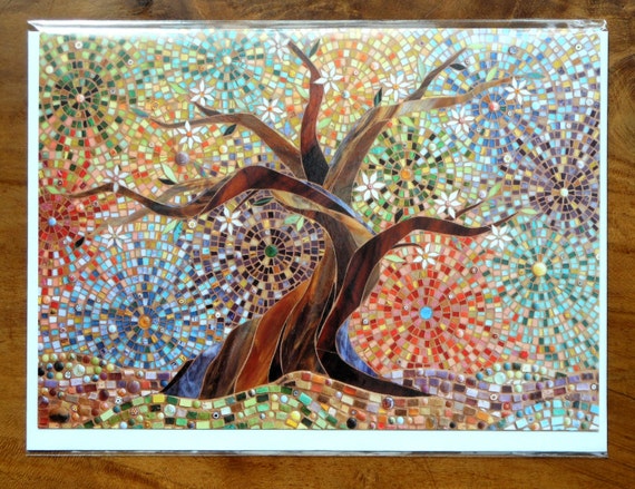 Muliticoloured Tree of Life Greetings Card Mosaic Art Tree