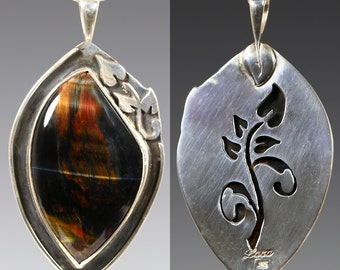 Tiger Eye Pendant. Reversible. Sterling Silver. Genuine Tiger Eye. Leafy Scroll Pattern. Saw Pierced Back. One of a Kind. s16p014
